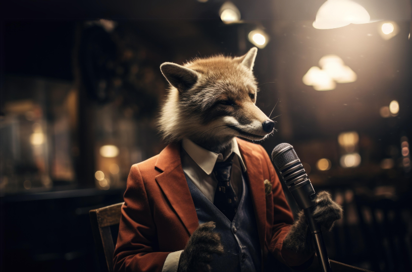 A fox singing on stage